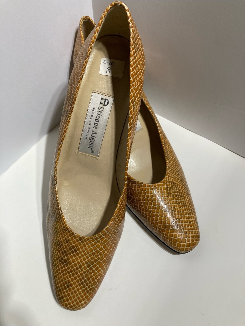 Etienne Aigner Tan Snake-Embossed Leather Pumps. Item# TSpu1